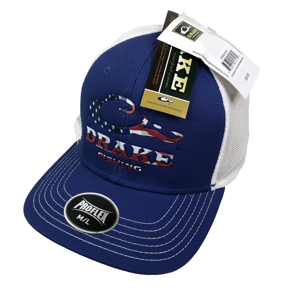 Drake Fishing Hat Cap Mens M/L Blue Stretch Fit DPF American Flag‎ Logo New NWT